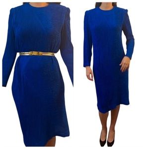 1980’s Leslie Fay Blue Long Sleeved Dress, So Glam! Made in the USA, Large